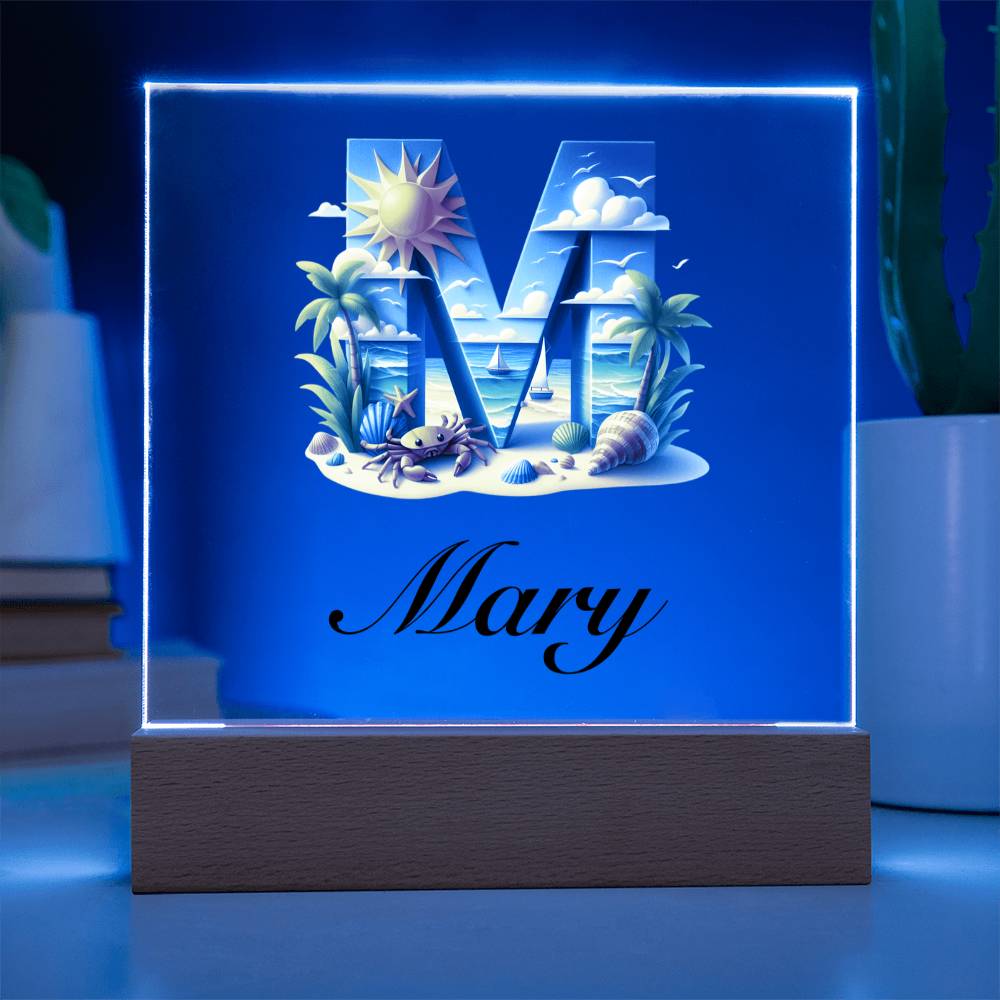 Mary (Summer Beach) - Square Acrylic Plaque With LED Base