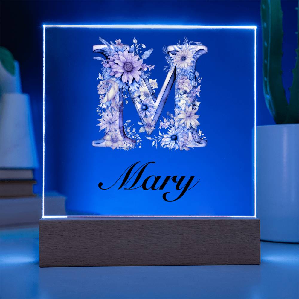 Mary (Blooming Flowers) - Square Acrylic Plaque With LED Base