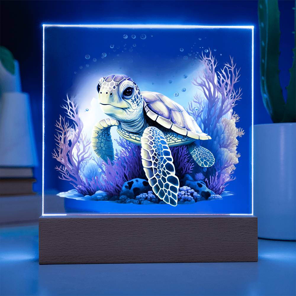 Cute Sea Turtle 006 - Square Acrylic Plaque With LED Base