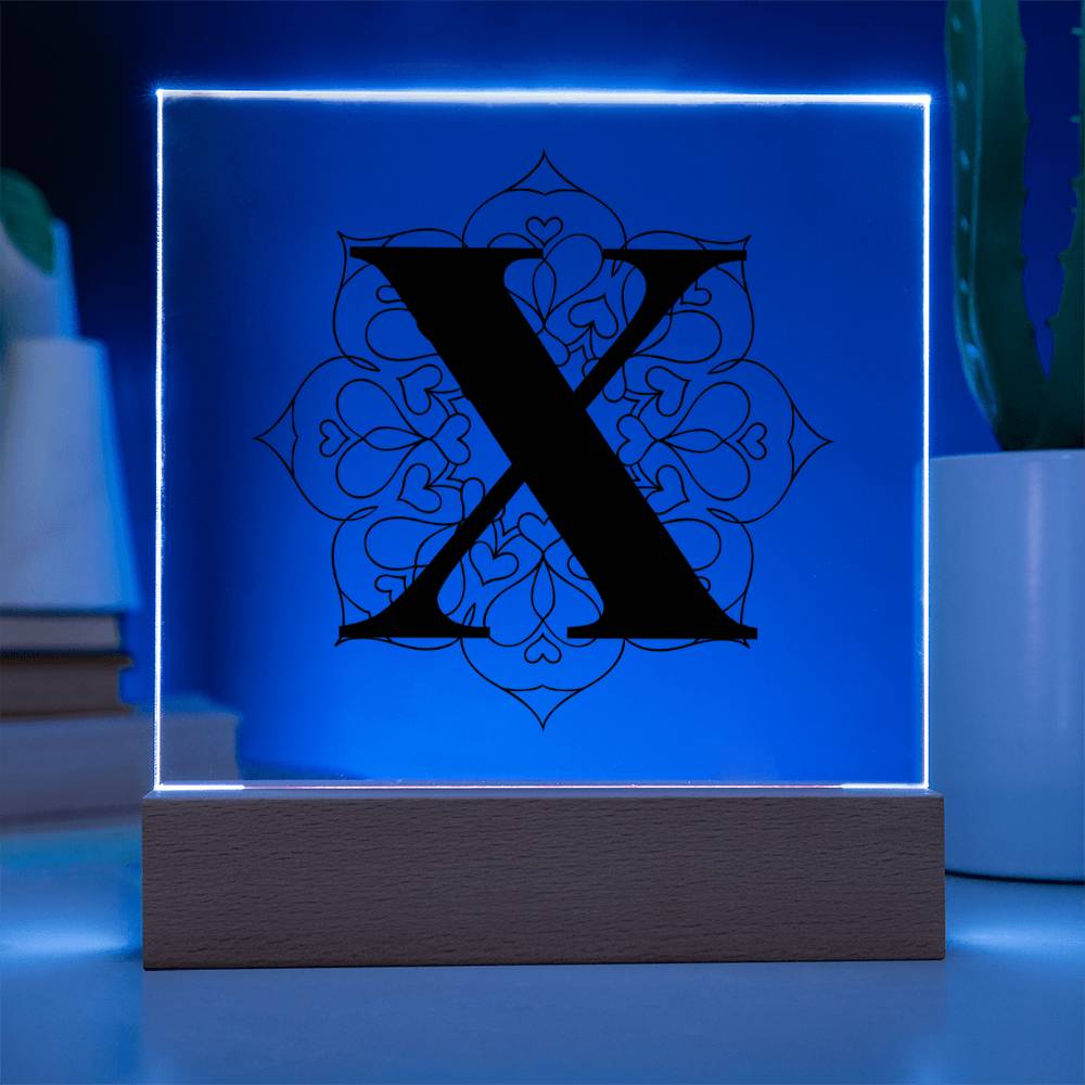 Magnolia Mandala Alphabet Letter X - Square Acrylic Plaque With LED Base