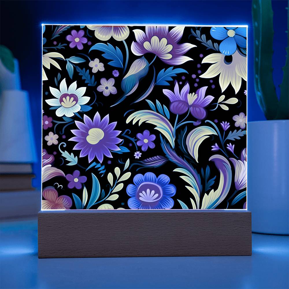 Mexican Floral Fiesta Pattern 033 - Square Acrylic Plaque With LED Base