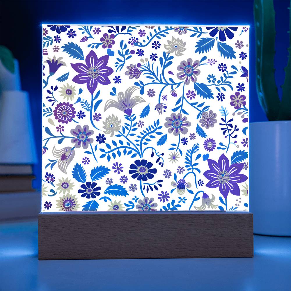 Mexican Floral Fiesta Pattern 013 - Square Acrylic Plaque With LED Base