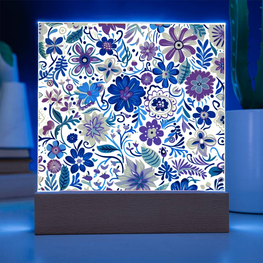 Mexican Floral Fiesta Pattern 072 - Square Acrylic Plaque With LED Base