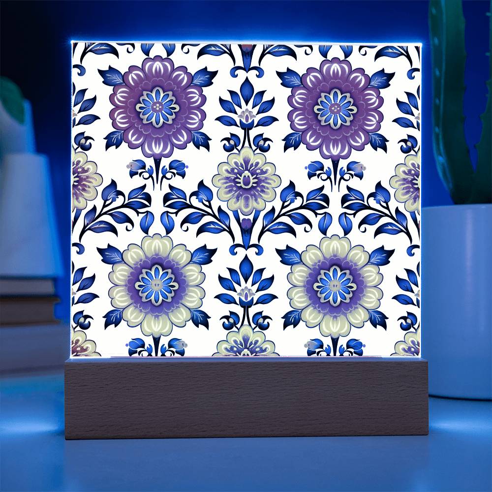 Mexican Floral Fiesta Pattern 044 - Square Acrylic Plaque With LED Base