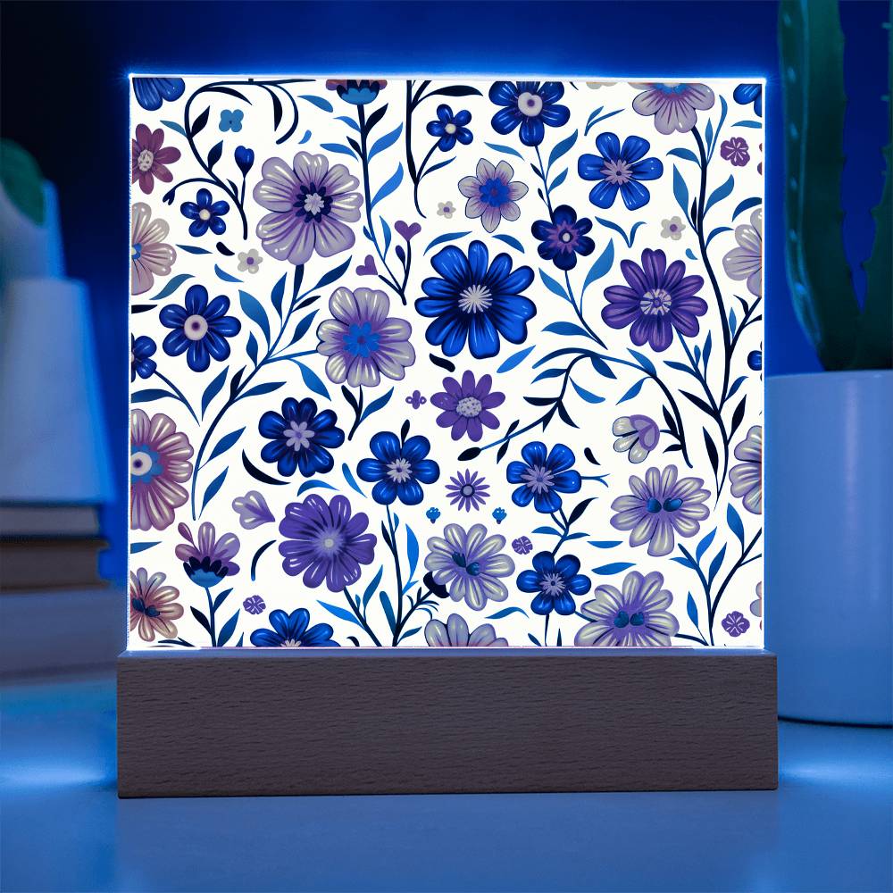 Mexican Floral Fiesta Pattern 001 - Square Acrylic Plaque With LED Base