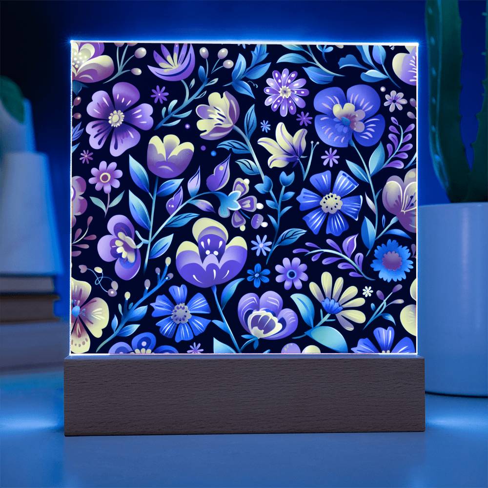 Mexican Floral Fiesta Pattern 065 - Square Acrylic Plaque With LED Base