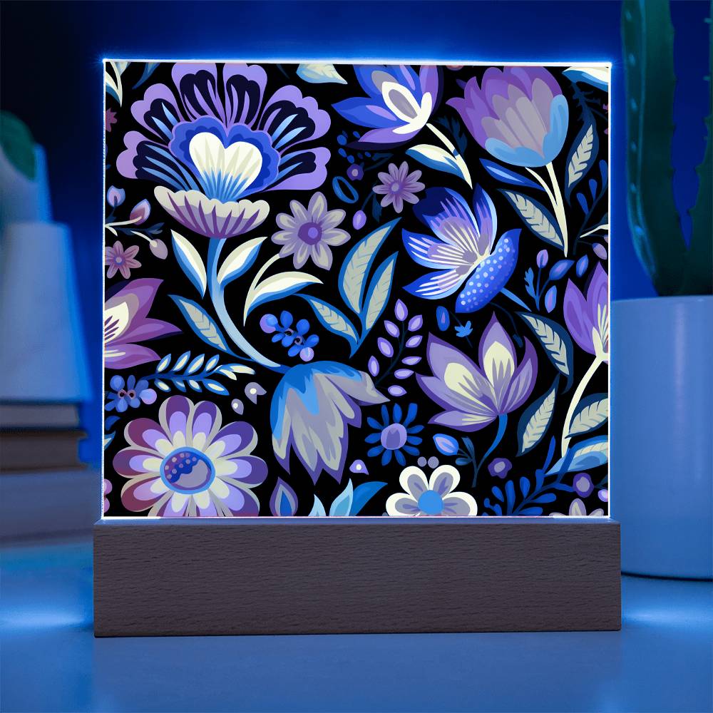 Mexican Floral Fiesta Pattern 052 - Square Acrylic Plaque With LED Base