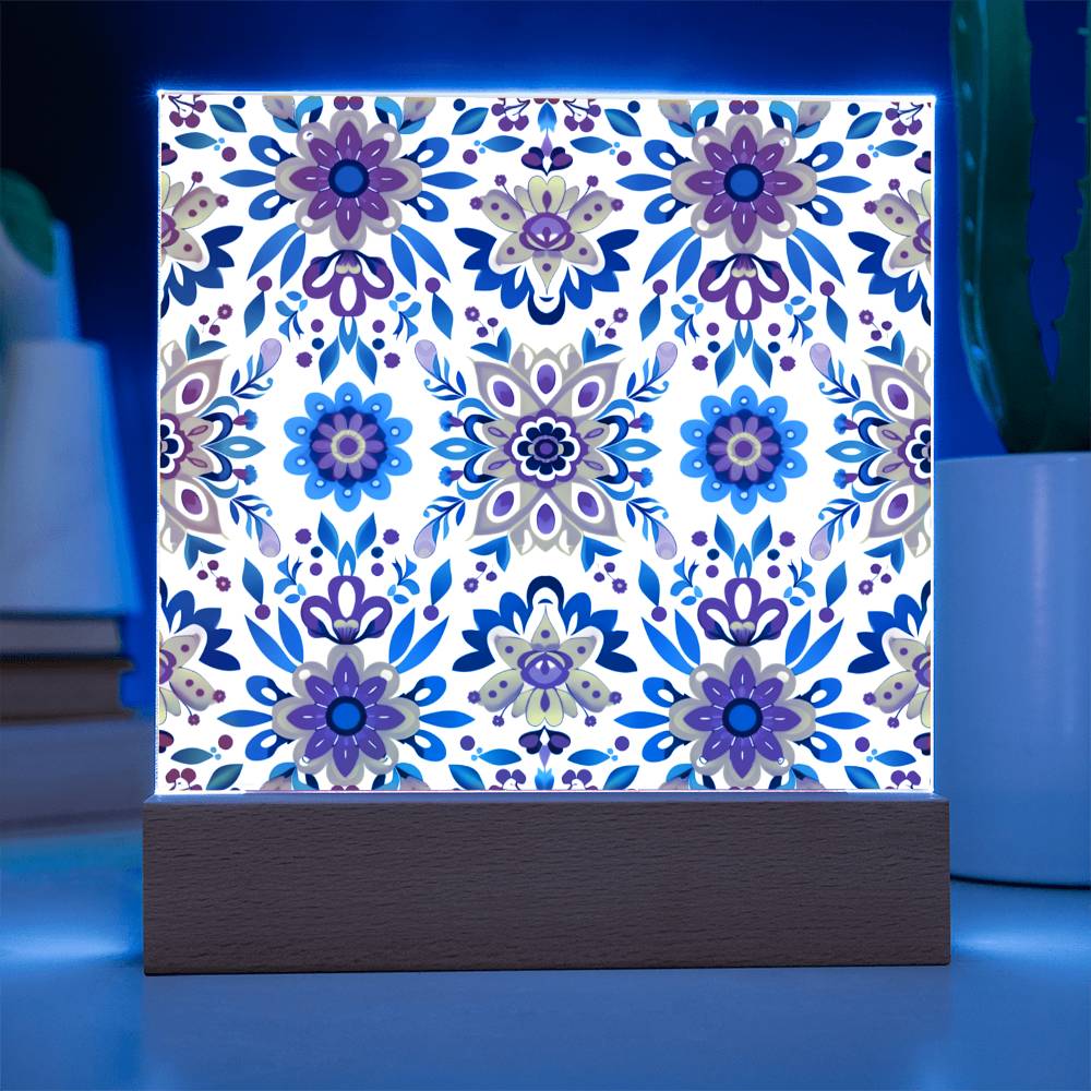 Mexican Floral Fiesta Pattern 070 - Square Acrylic Plaque With LED Base