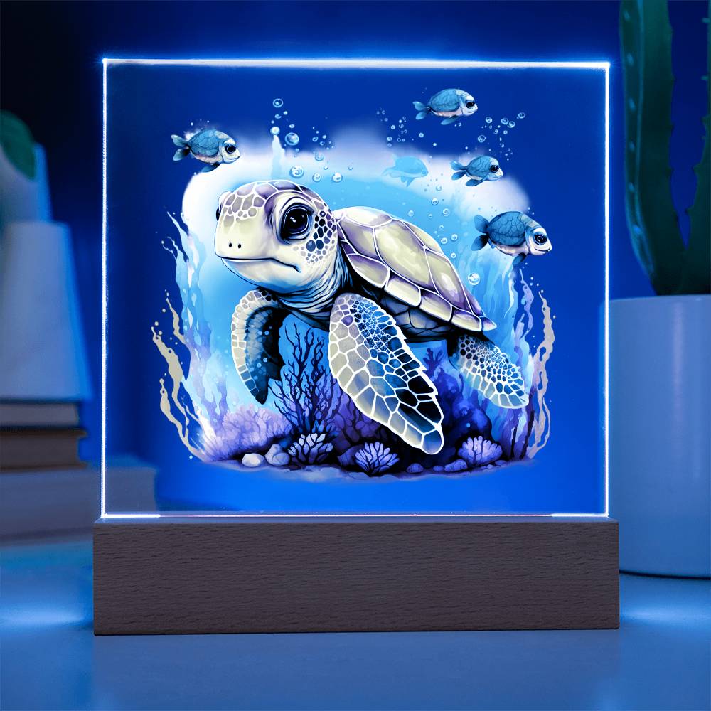 Cute Sea Turtle 002 - Square Acrylic Plaque With LED Base