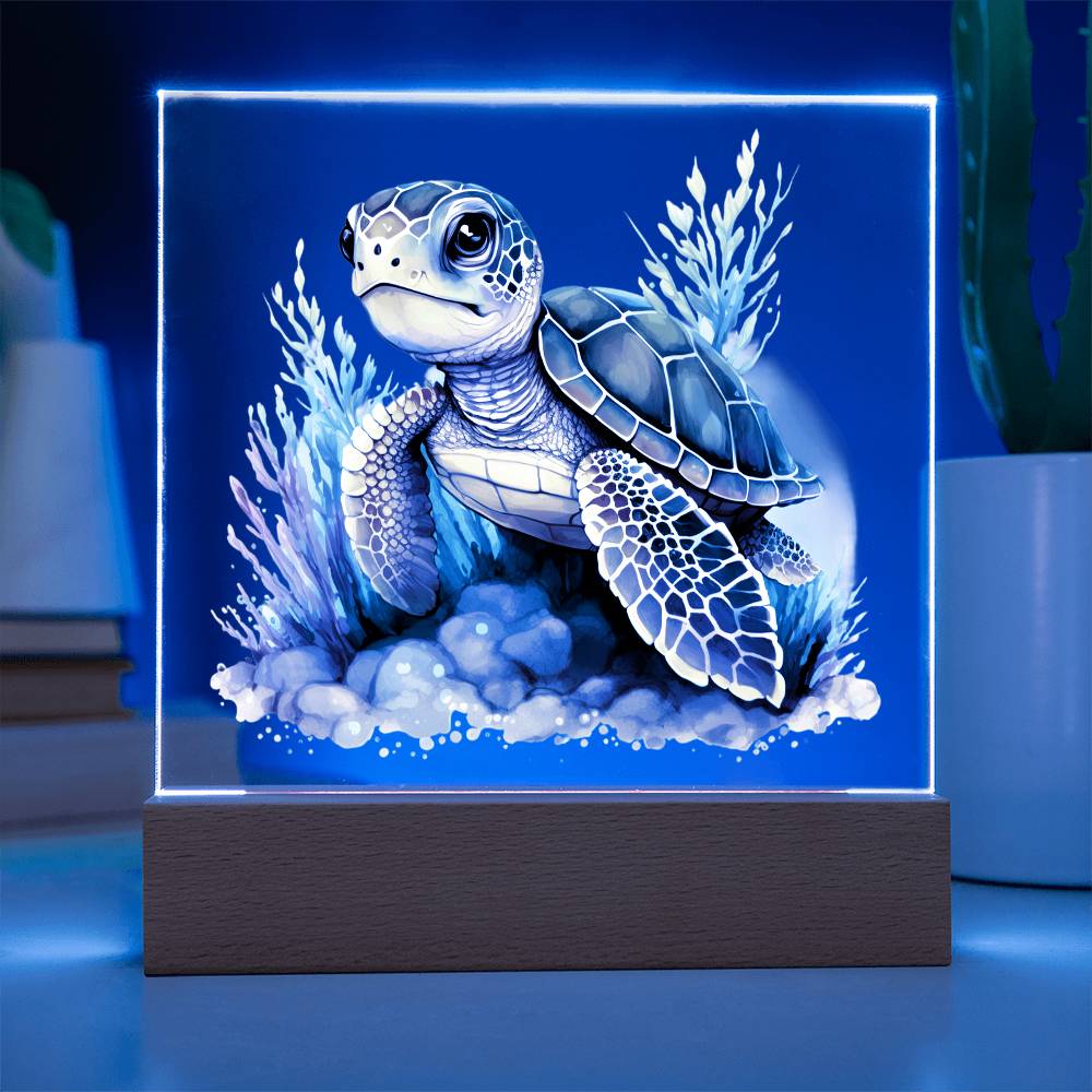 Cute Sea Turtle 015 - Square Acrylic Plaque With LED Base