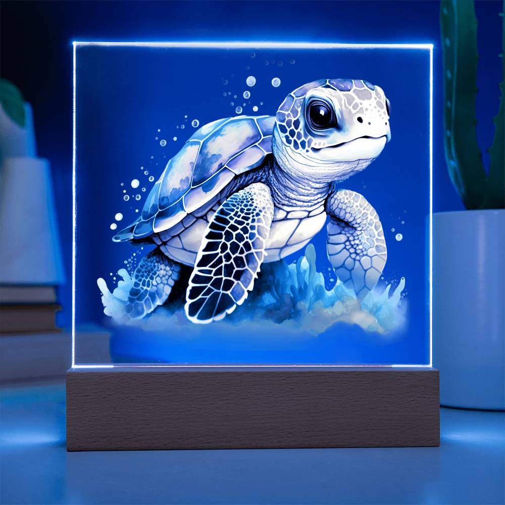 Cute Sea Turtle 014 - Square Acrylic Plaque With LED Base