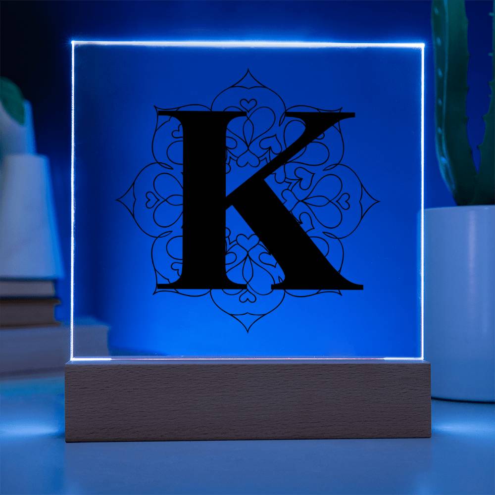 Magnolia Mandala Alphabet Letter K - Square Acrylic Plaque With LED Base