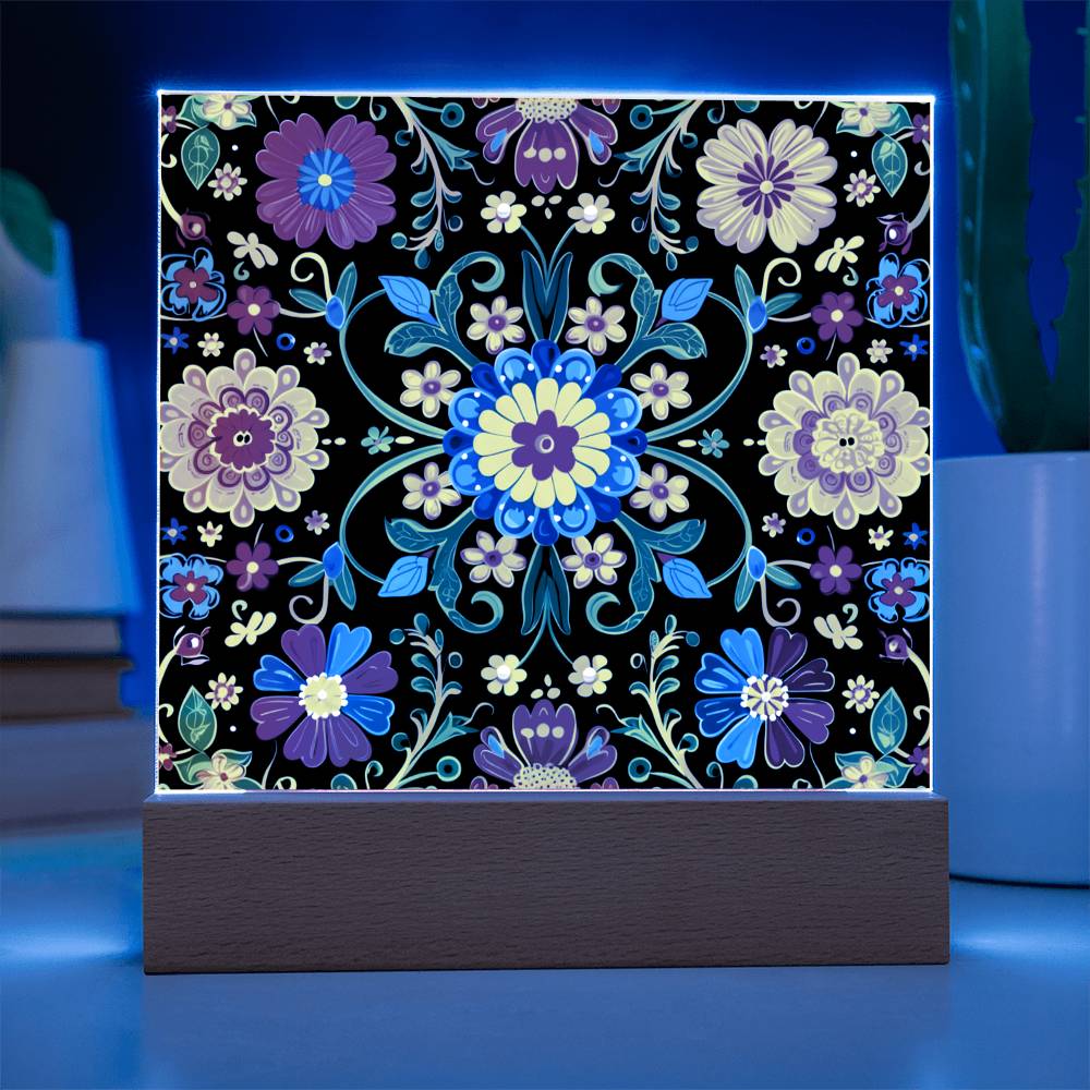 Mexican Floral Fiesta Pattern 061 - Square Acrylic Plaque With LED Base
