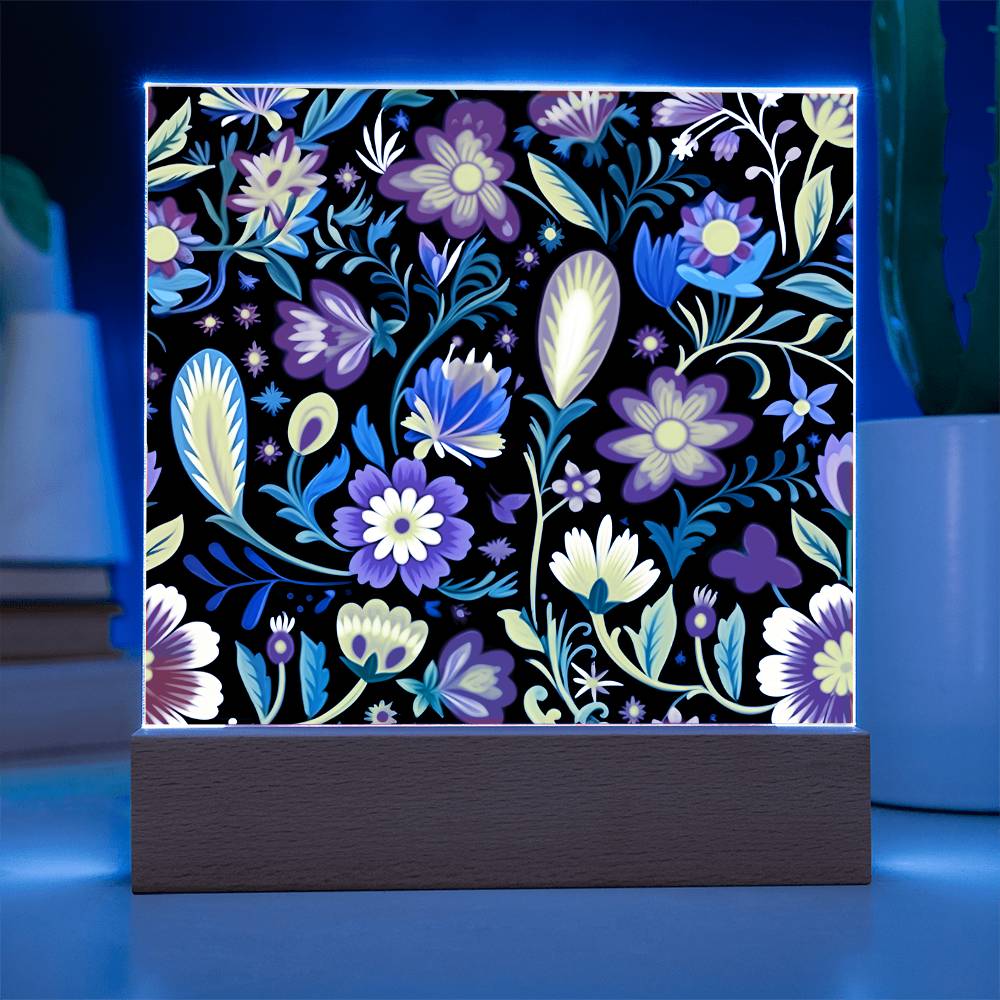 Mexican Floral Fiesta Pattern 038 - Square Acrylic Plaque With LED Base