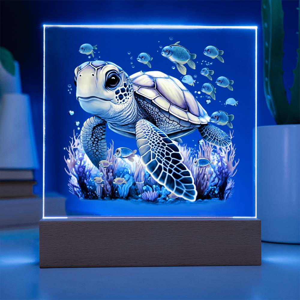 Cute Sea Turtle 003 - Square Acrylic Plaque With LED Base
