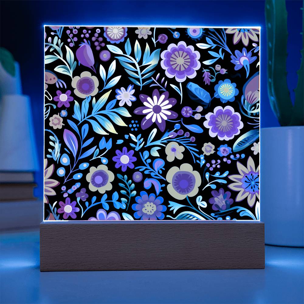 Mexican Floral Fiesta Pattern 060 - Square Acrylic Plaque With LED Base