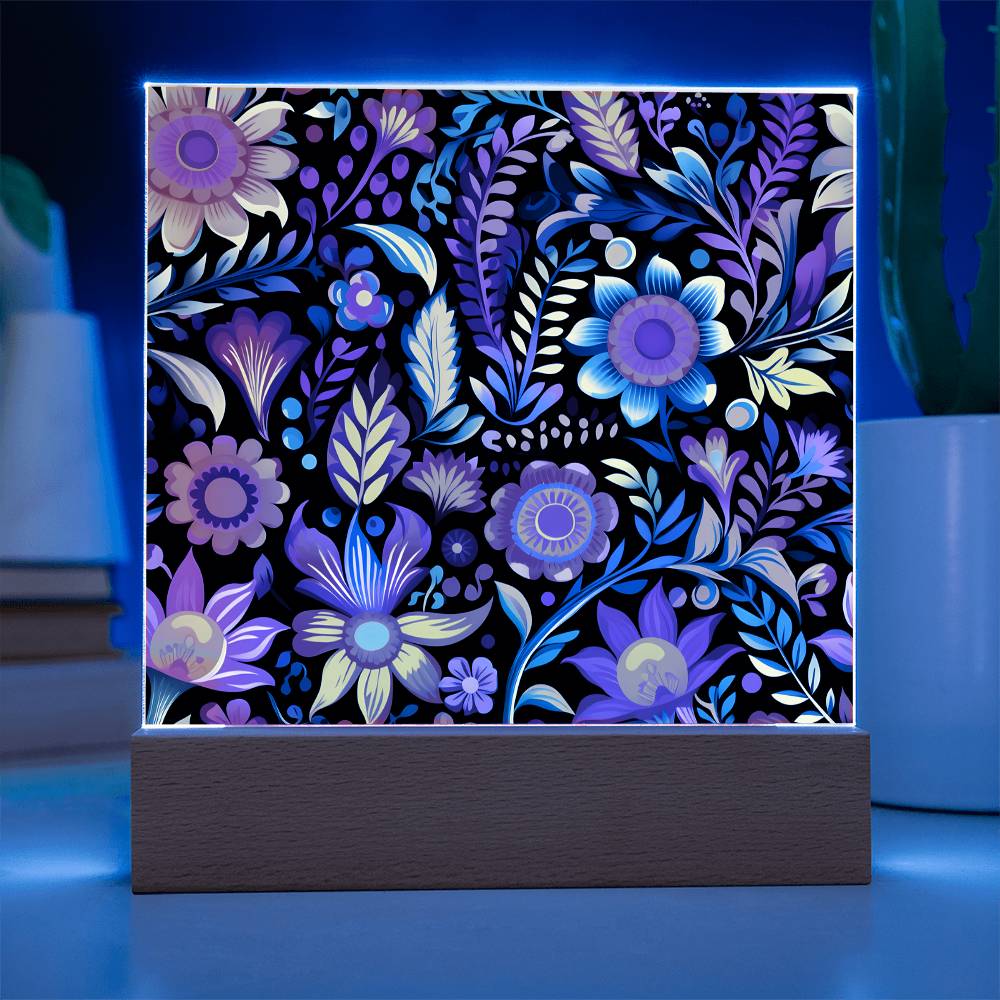 Mexican Floral Fiesta Pattern 059 - Square Acrylic Plaque With LED Base