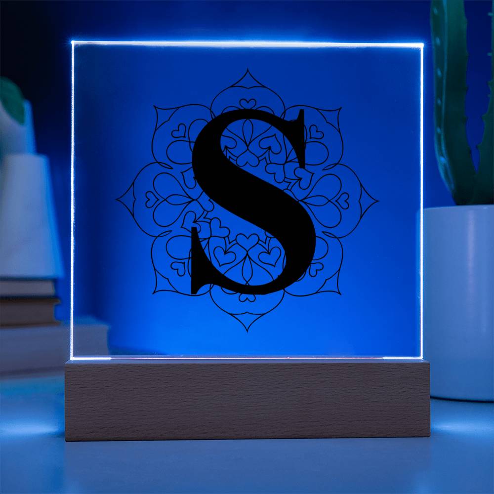 Magnolia Mandala Alphabet Letter S - Square Acrylic Plaque With LED Base