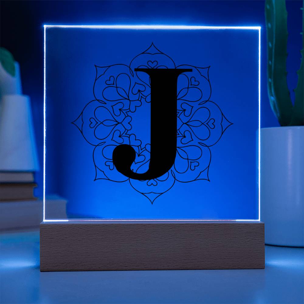 Magnolia Mandala Alphabet Letter J - Square Acrylic Plaque With LED Base