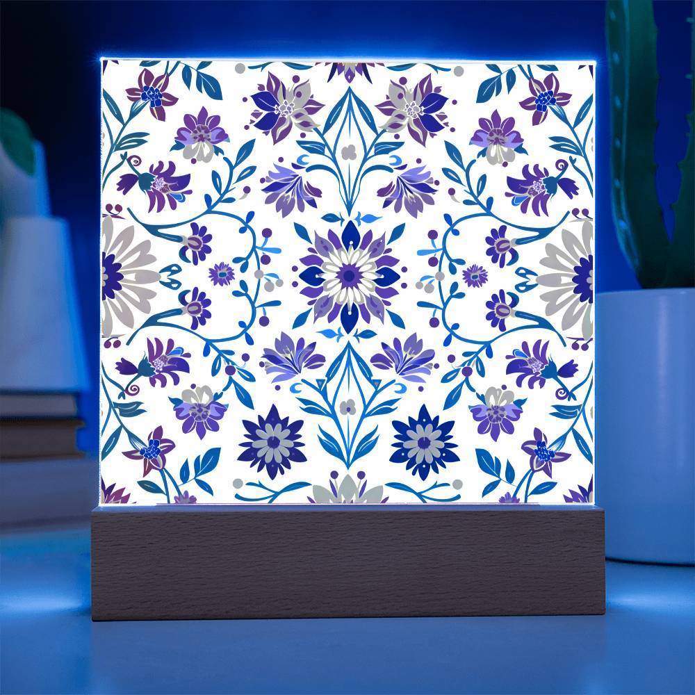 Mexican Floral Fiesta Pattern 027 - Square Acrylic Plaque With LED Base