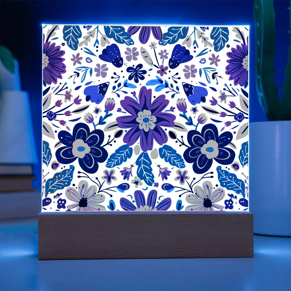 Mexican Floral Fiesta Pattern 067 - Square Acrylic Plaque With LED Base
