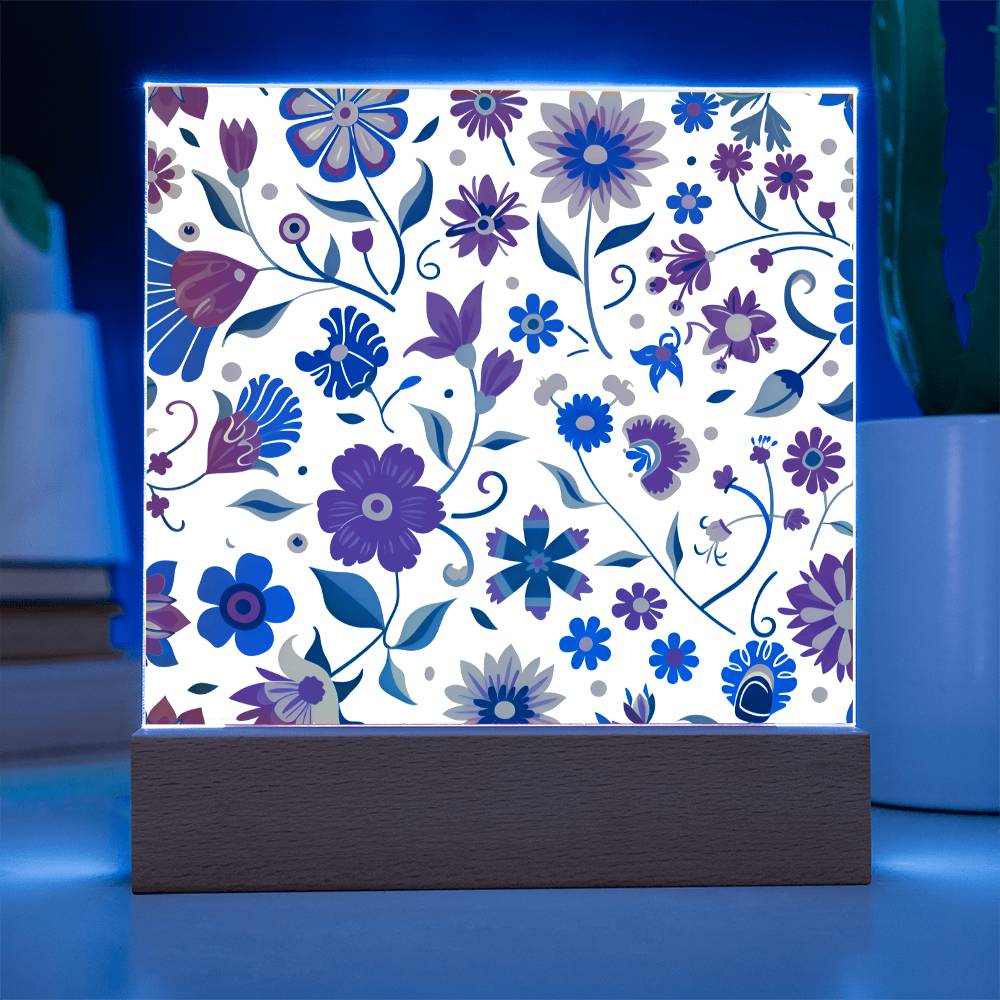 Mexican Floral Fiesta Pattern 014 - Square Acrylic Plaque With LED Base