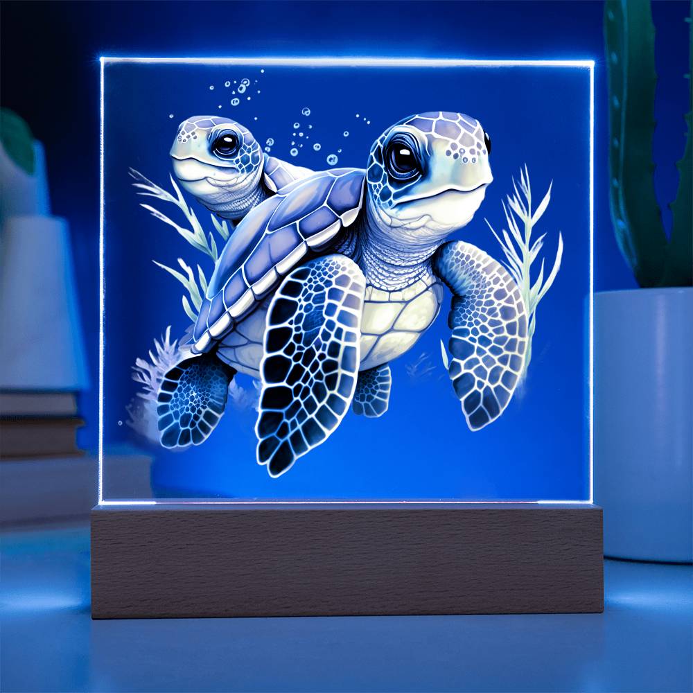 Cute Sea Turtle 010 - Square Acrylic Plaque With LED Base