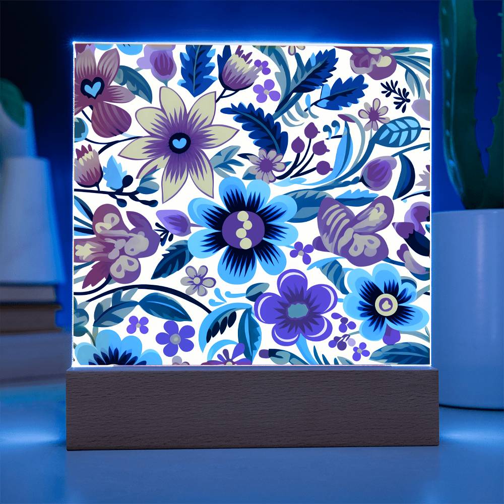 Mexican Floral Fiesta Pattern 050 - Square Acrylic Plaque With LED Base