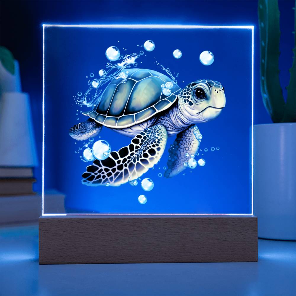 Cute Sea Turtle 005 - Square Acrylic Plaque With LED Base