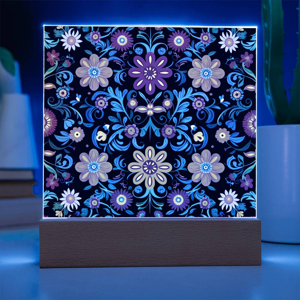 Mexican Floral Fiesta Pattern 071 - Square Acrylic Plaque With LED Base
