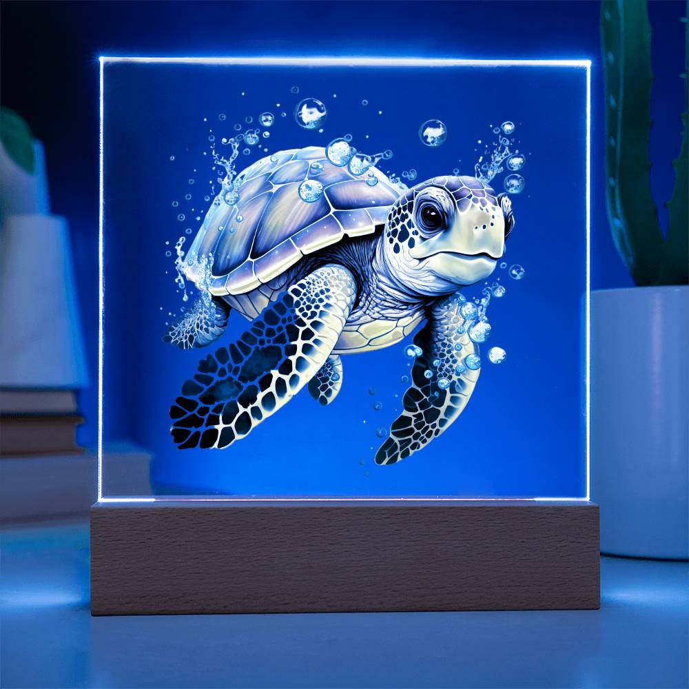 Cute Sea Turtle 004 - Square Acrylic Plaque With LED Base