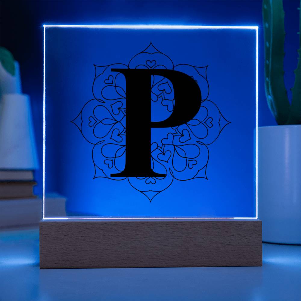 Magnolia Mandala Alphabet Letter P - Square Acrylic Plaque With LED Base