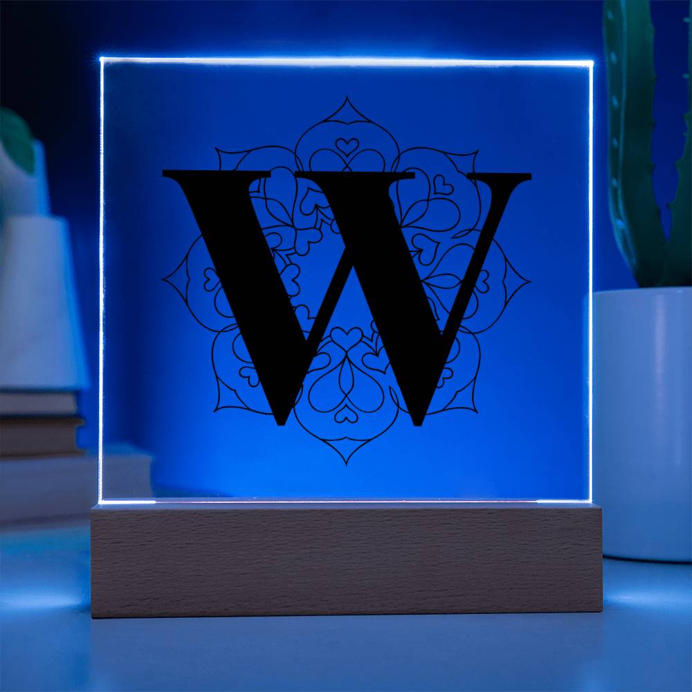 Magnolia Mandala Alphabet Letter W - Square Acrylic Plaque With LED Base