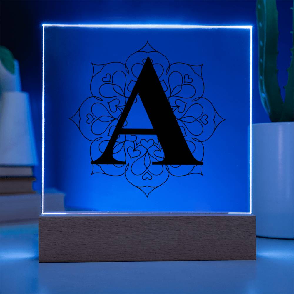 Magnolia Mandala Alphabet Letter A - Square Acrylic Plaque With LED Base