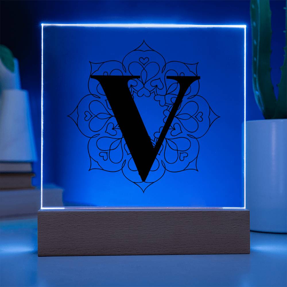 Magnolia Mandala Alphabet Letter V - Square Acrylic Plaque With LED Base
