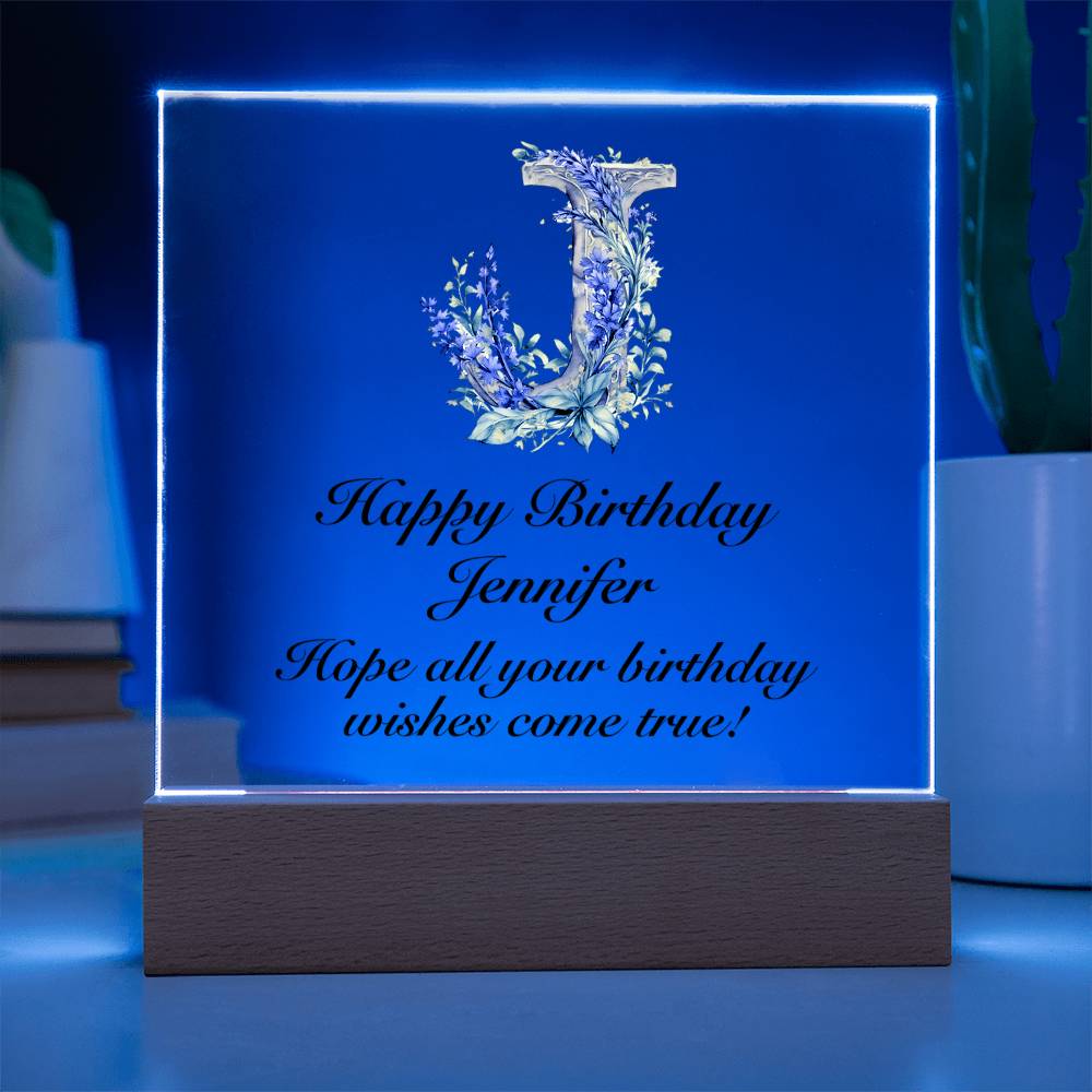 Happy Birthday Jennifer (Lavender Flowers) - Square Acrylic Plaque With LED Base