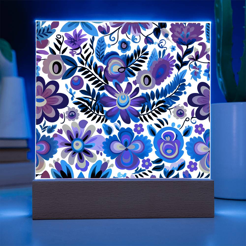 Mexican Floral Fiesta Pattern 051 - Square Acrylic Plaque With LED Base