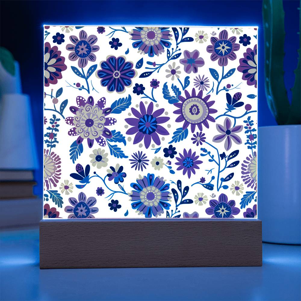 Mexican Floral Fiesta Pattern 026 - Square Acrylic Plaque With LED Base