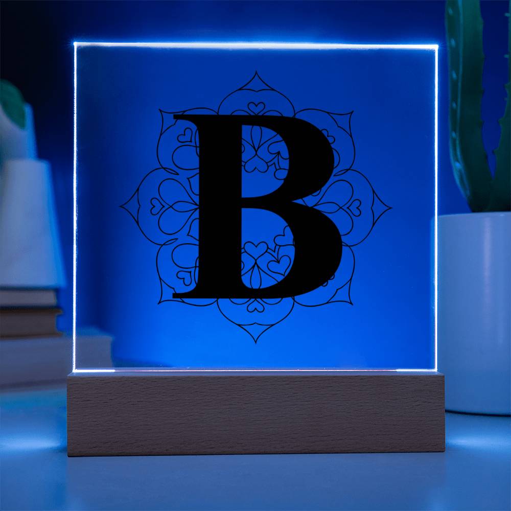 Magnolia Mandala Alphabet Letter B - Square Acrylic Plaque With LED Base