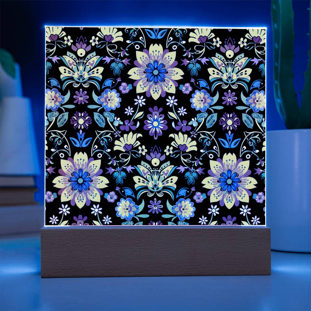 Mexican Floral Fiesta Pattern 066 - Square Acrylic Plaque With LED Base