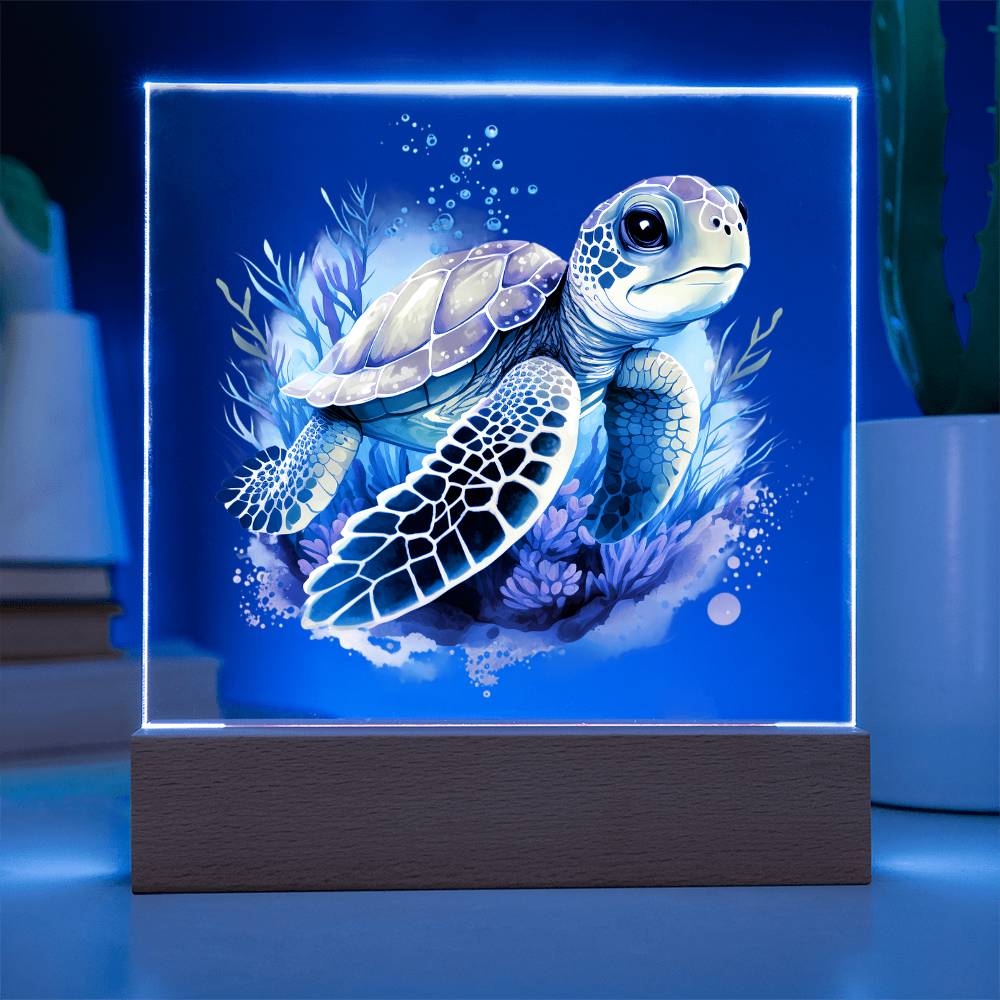 Cute Sea Turtle 007 - Square Acrylic Plaque With LED Base