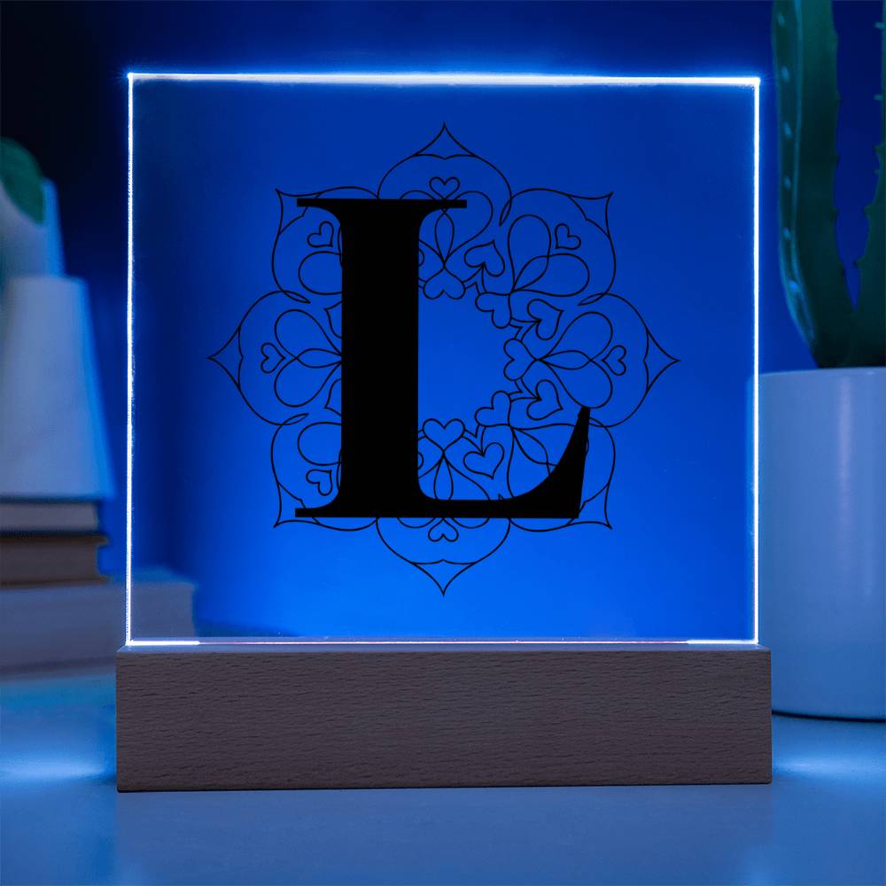 Magnolia Mandala Alphabet Letter L - Square Acrylic Plaque With LED Base