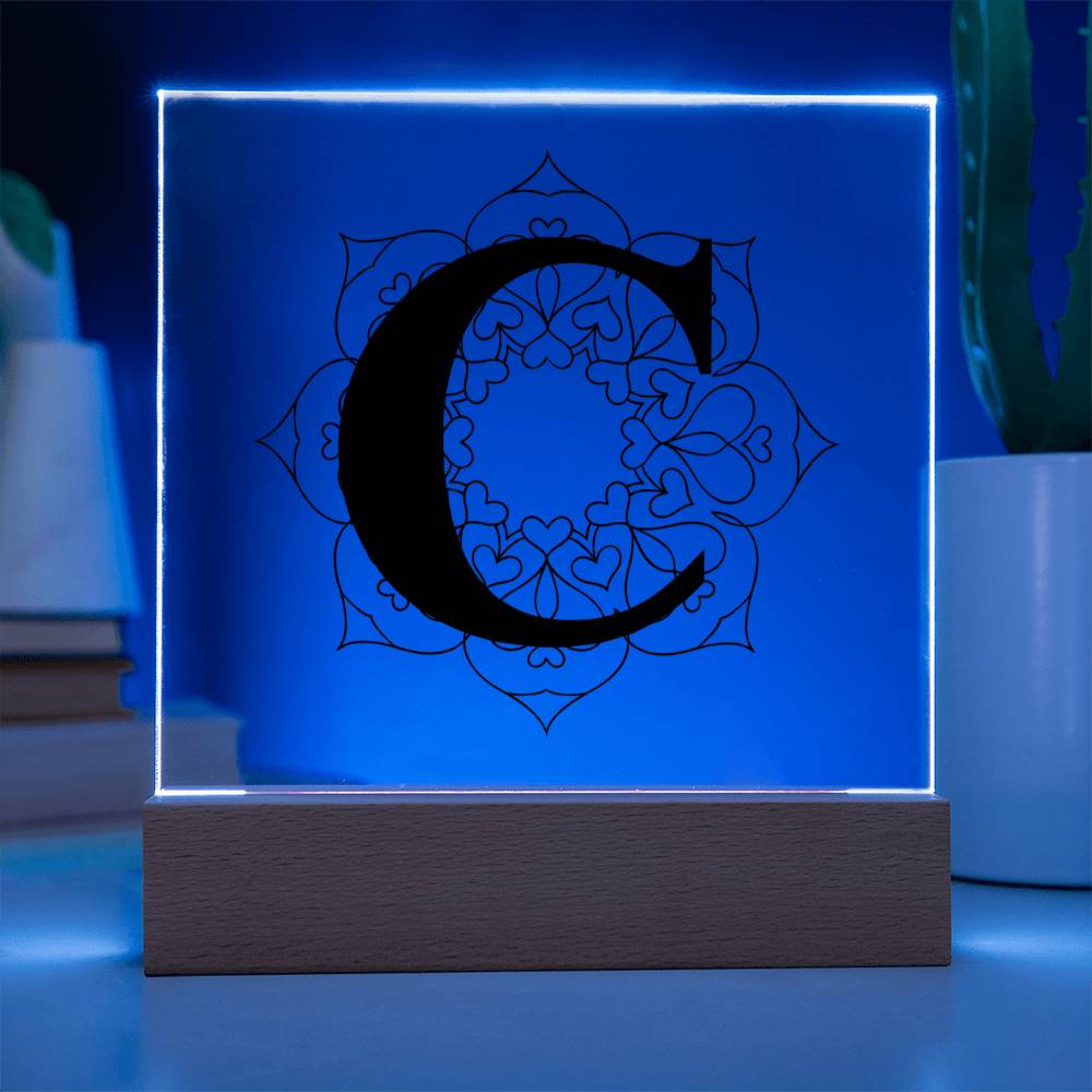Magnolia Mandala Alphabet Letter C - Square Acrylic Plaque With LED Base