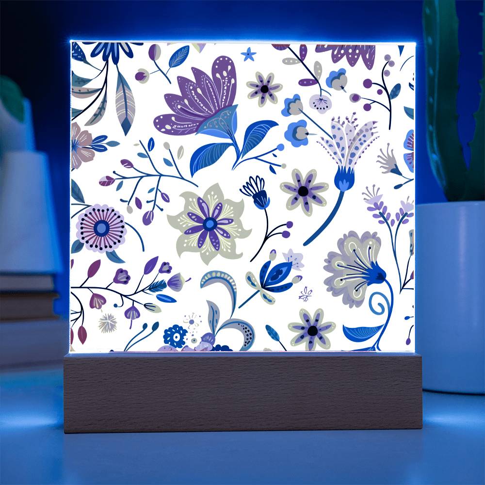 Mexican Floral Fiesta Pattern 019 - Square Acrylic Plaque With LED Base