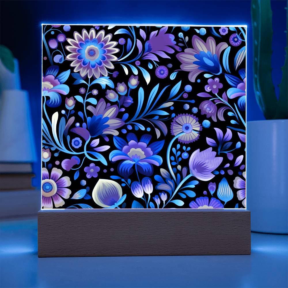 Mexican Floral Fiesta Pattern 057 - Square Acrylic Plaque With LED Base