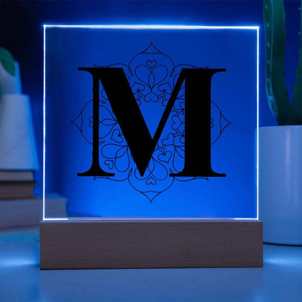 Magnolia Mandala Alphabet Letter M - Square Acrylic Plaque With LED Base