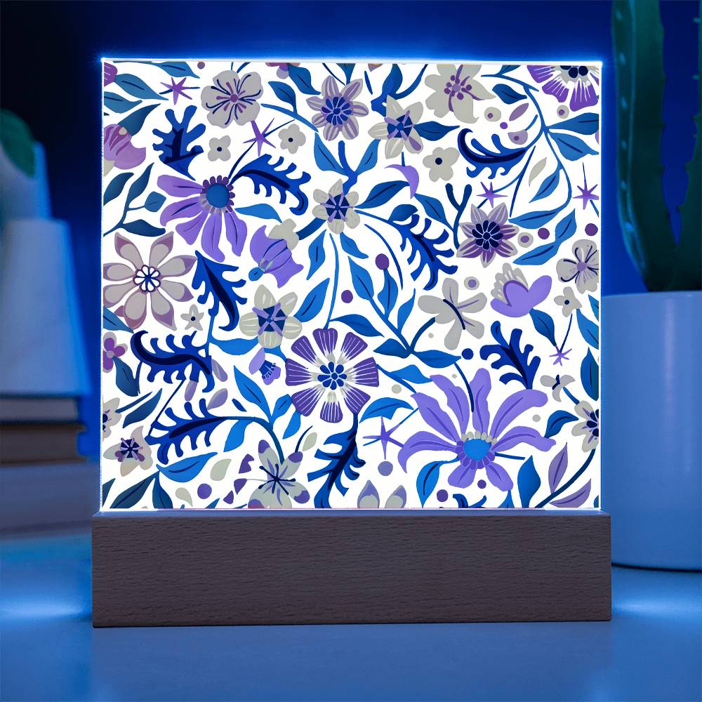 Mexican Floral Fiesta Pattern 003 - Square Acrylic Plaque With LED Base