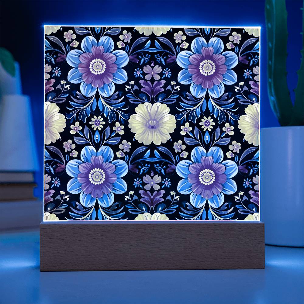 Mexican Floral Fiesta Pattern 046 - Square Acrylic Plaque With LED Base