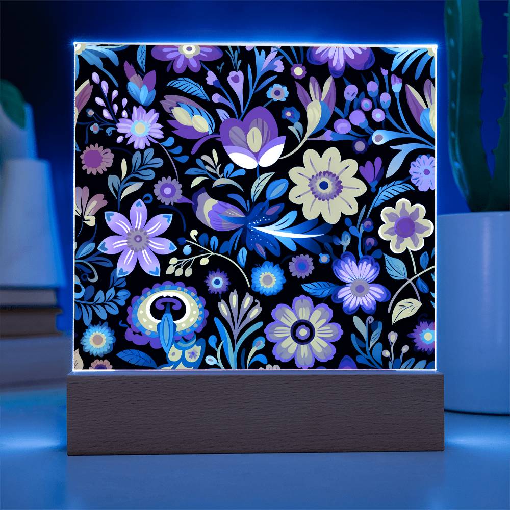 Mexican Floral Fiesta Pattern 055 - Square Acrylic Plaque With LED Base