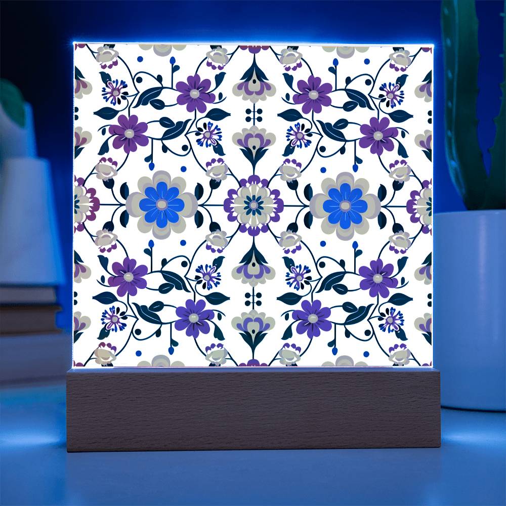 Mexican Floral Fiesta Pattern 018 - Square Acrylic Plaque With LED Base